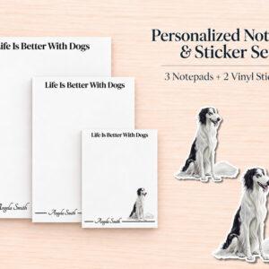 Borzoi White Black Stationery Gift Box | Personalized Notepads and Vinyl Dog Stickers