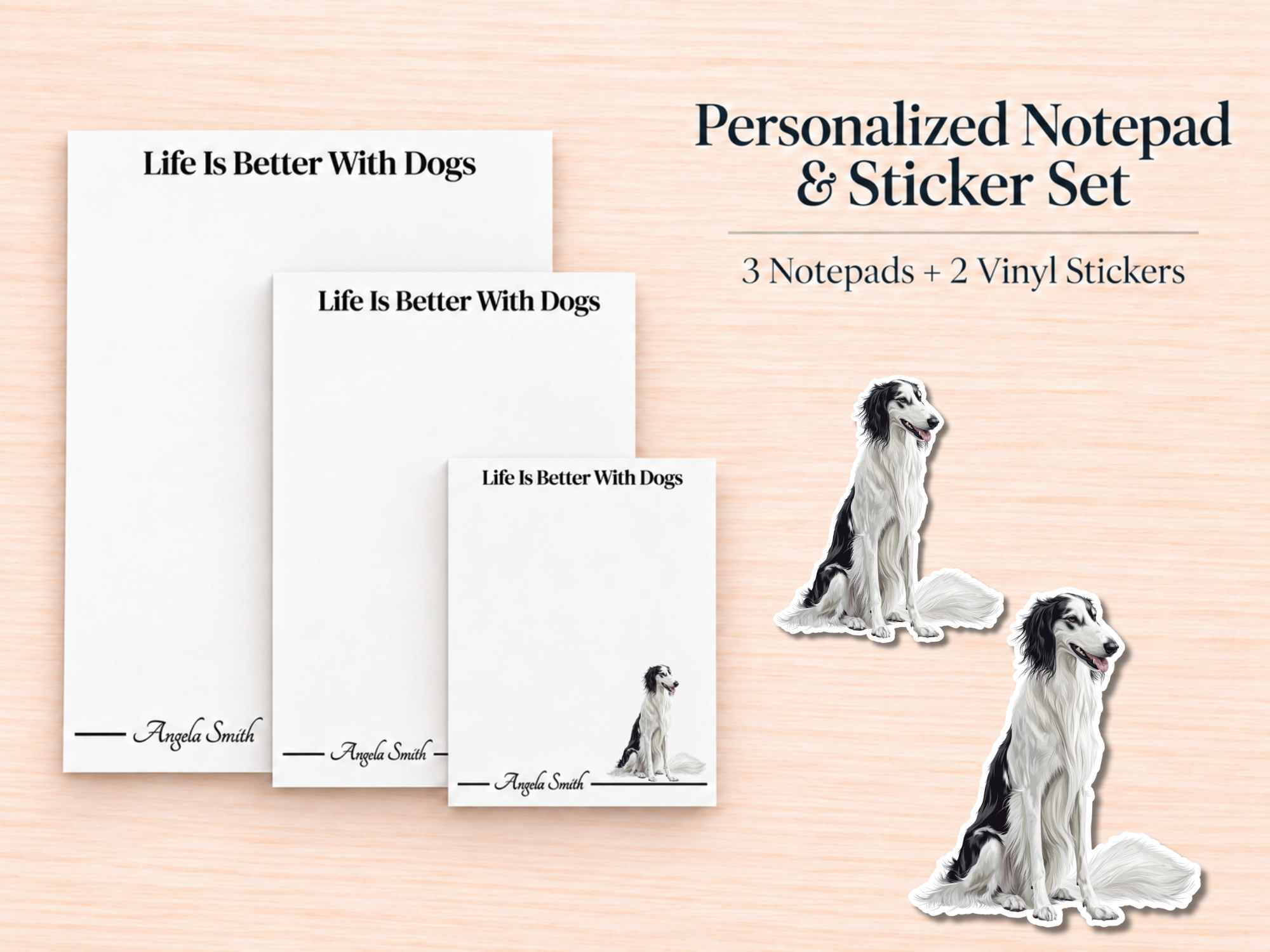 Borzoi White Black Stationery Gift Box | Personalized Notepads and Vinyl Dog Stickers