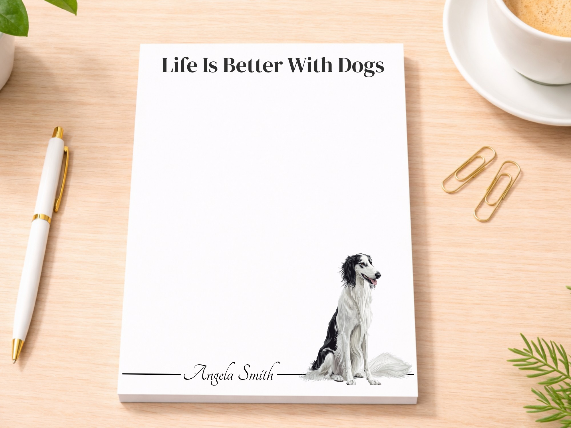Personalized Borzoi Notepad - White Black | Lined or Unlined
