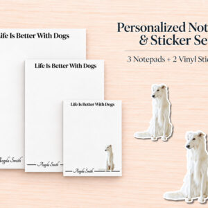 Borzoi White Stationery Gift Box | Personalized Notepads and Vinyl Dog Stickers