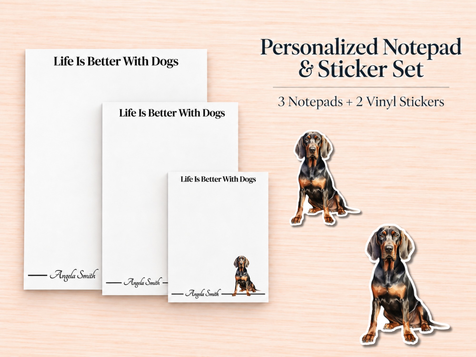 Black and Tan Coonhound Stationery Gift Box | Personalized Notepads and Vinyl Dog Stickers