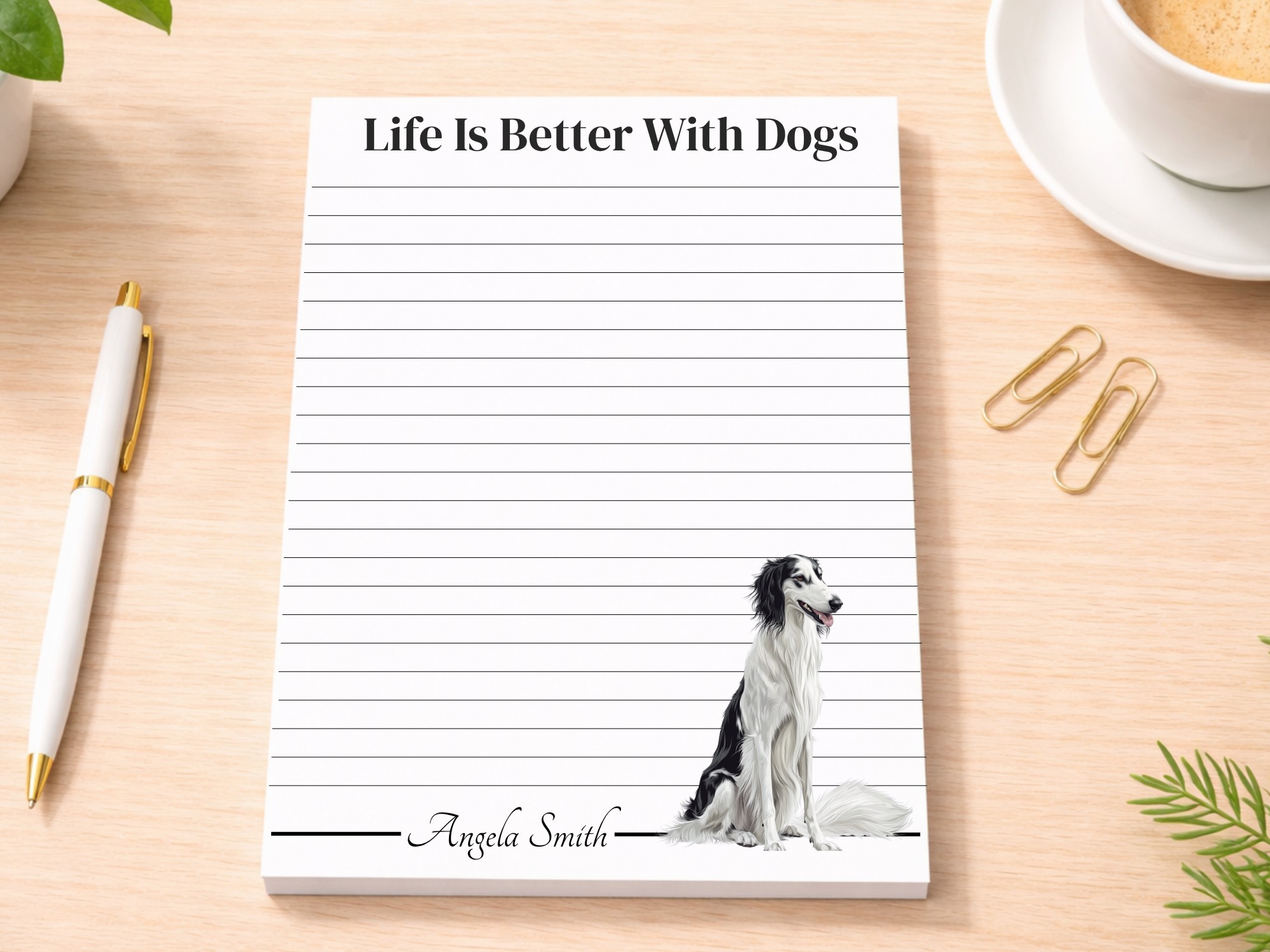 Personalized Borzoi Notepad - White Black | Lined or Unlined