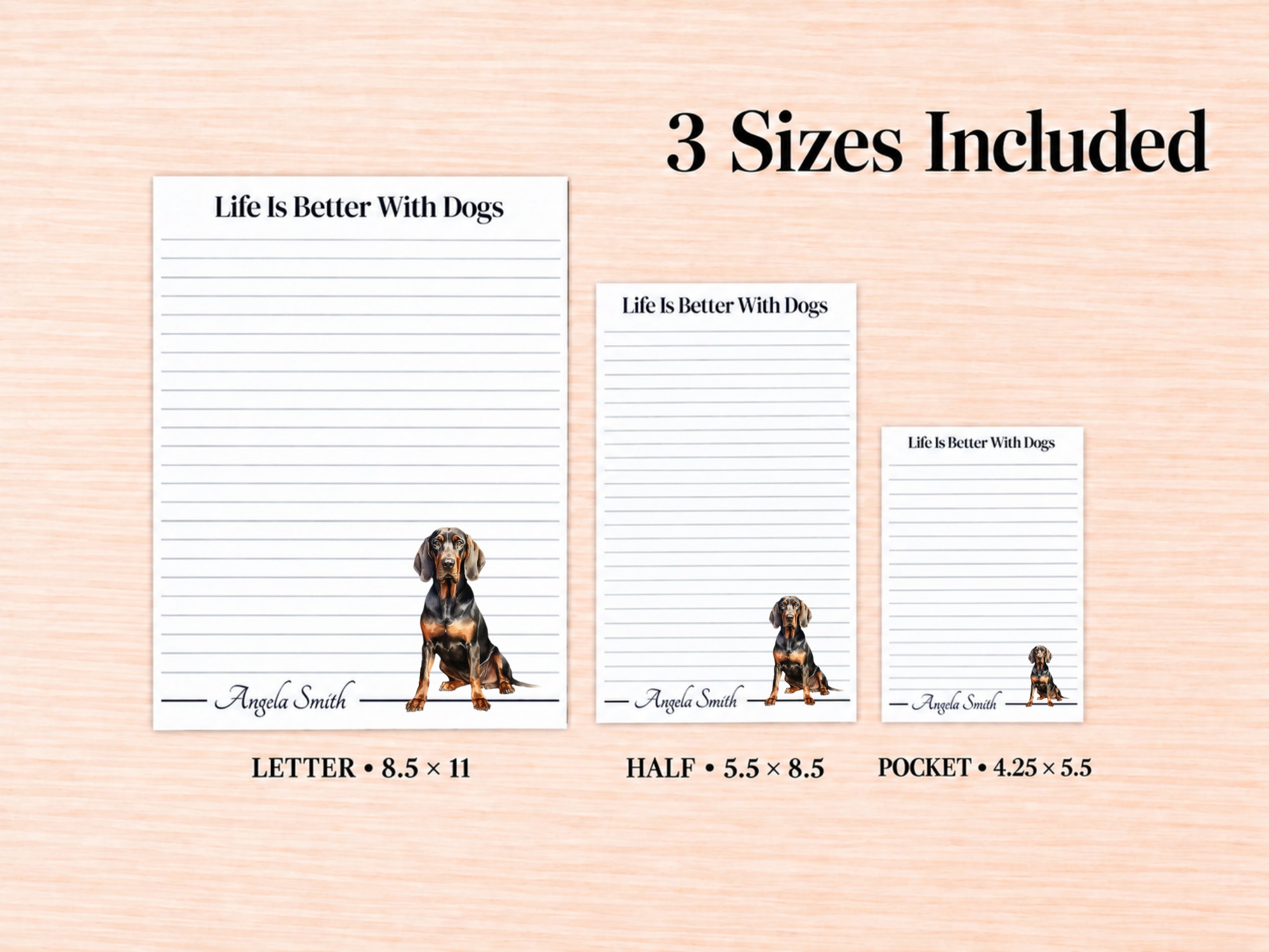 Black and Tan Coonhound Stationery Gift Box | Personalized Notepads and Vinyl Dog Stickers