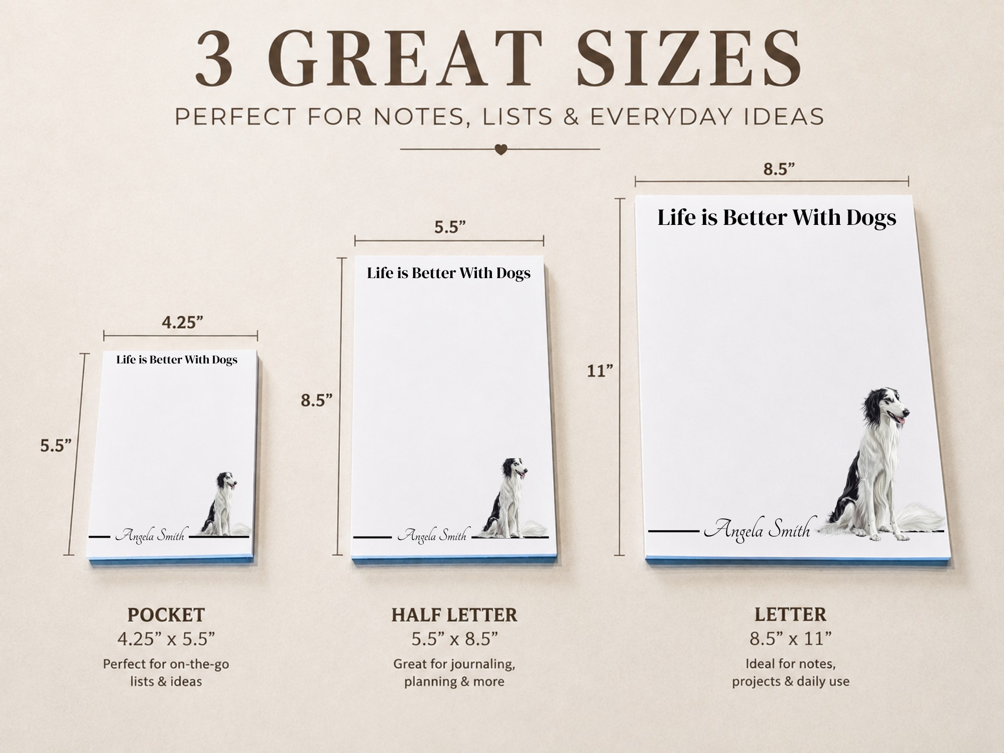 Personalized Borzoi Notepad - White Black | Lined or Unlined