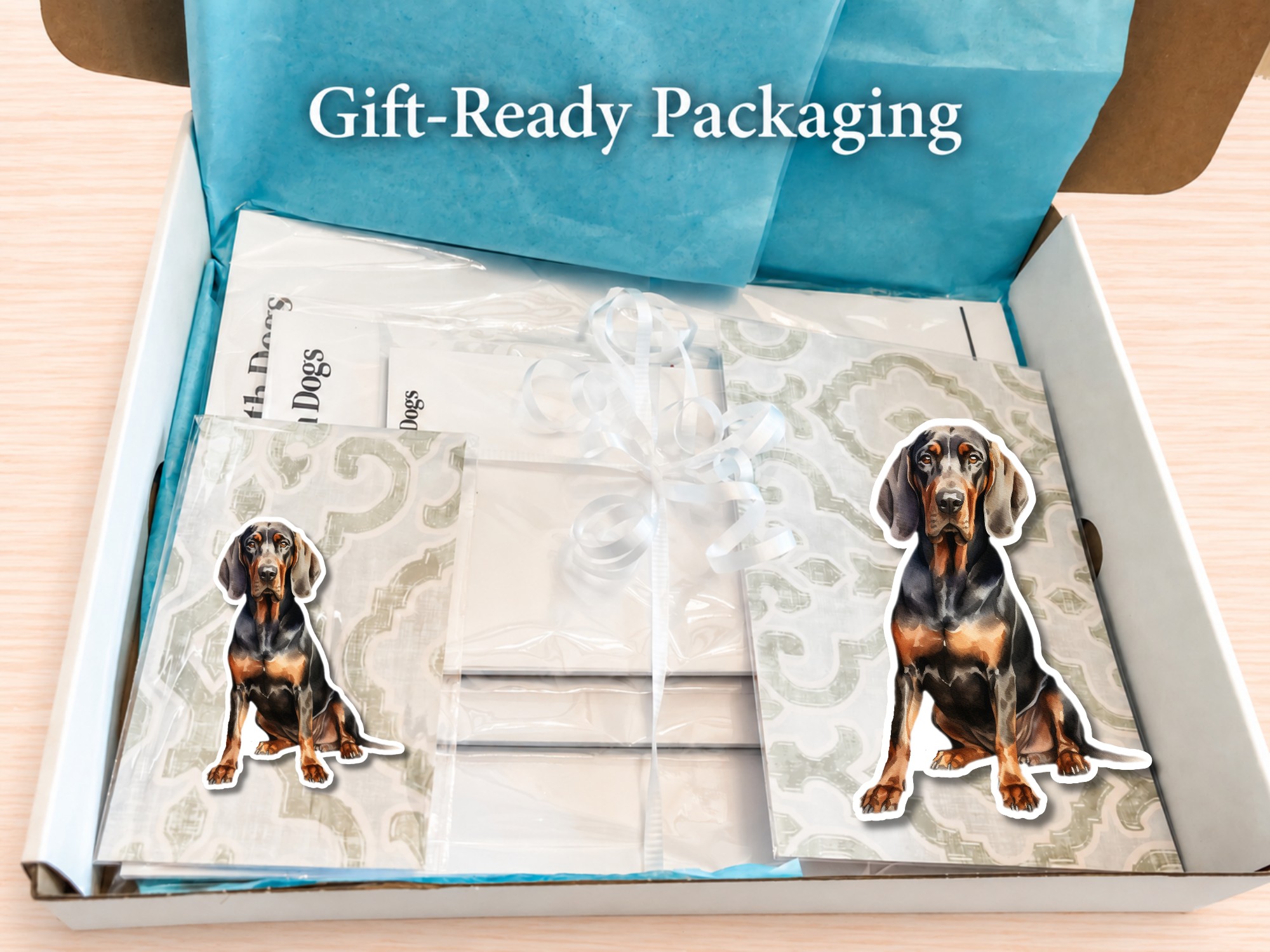 Black and Tan Coonhound Stationery Gift Box | Personalized Notepads and Vinyl Dog Stickers