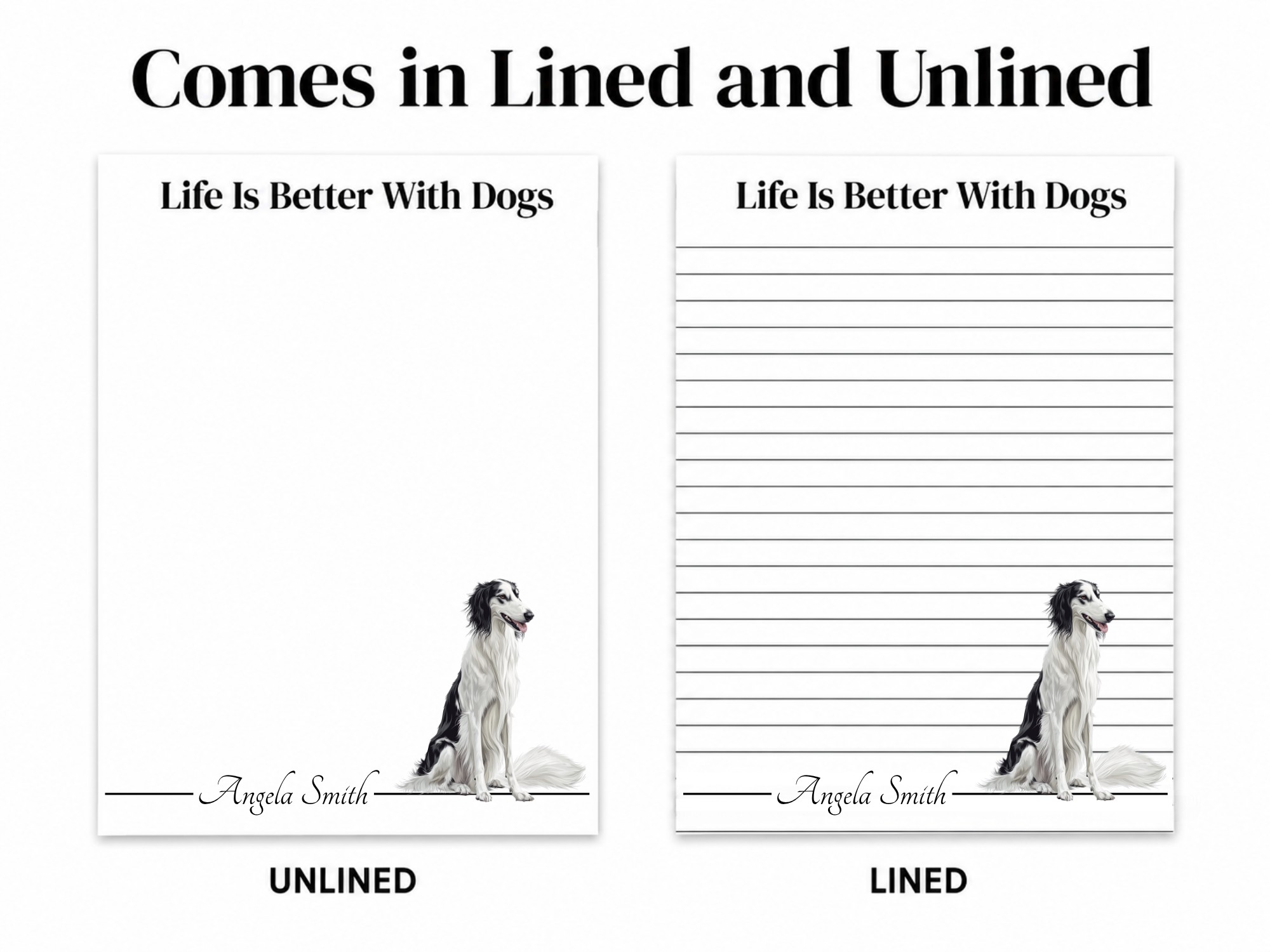 Personalized Borzoi Notepad - White Black | Lined or Unlined