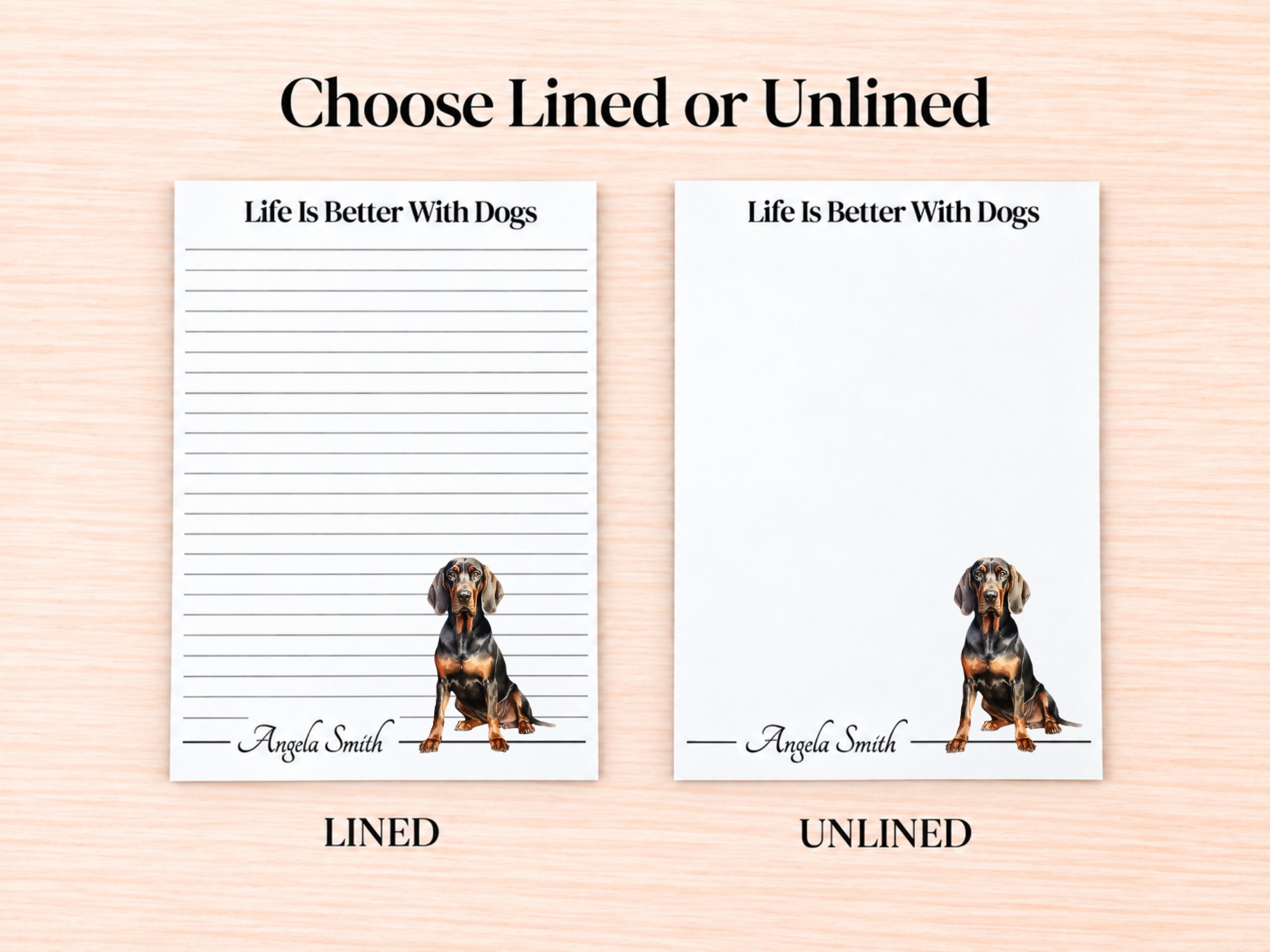 Black and Tan Coonhound Stationery Gift Box | Personalized Notepads and Vinyl Dog Stickers