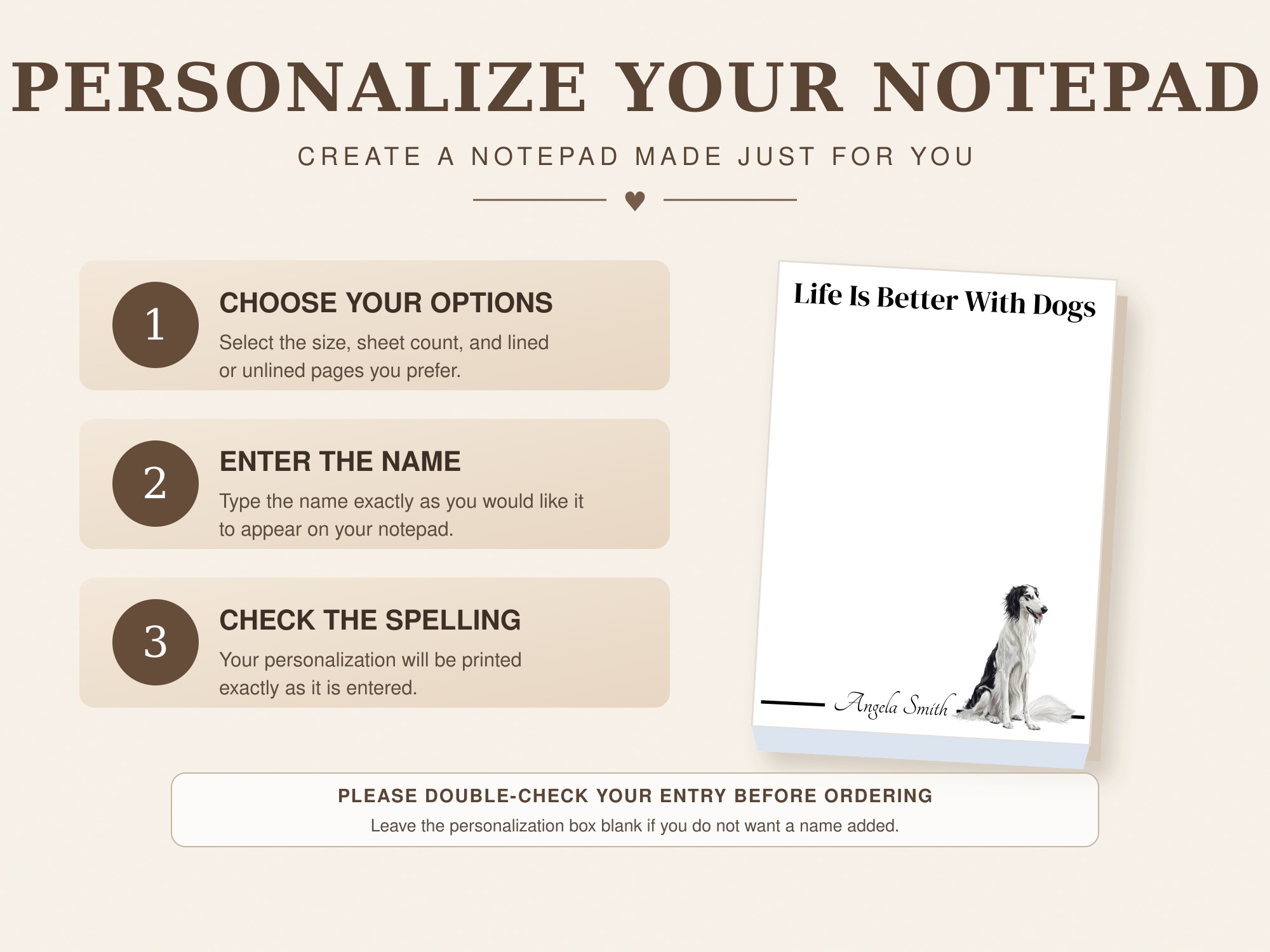 Personalized Borzoi Notepad - White Black | Lined or Unlined