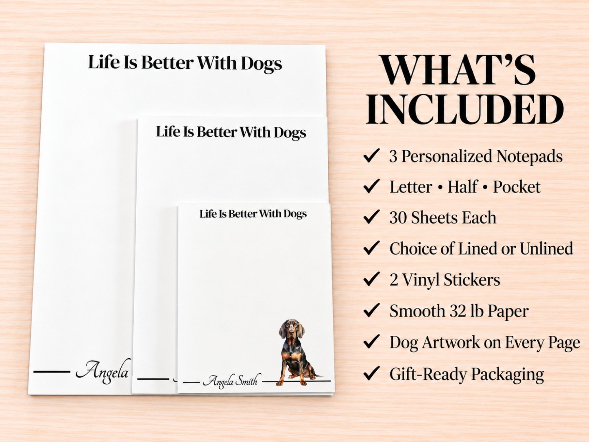 Black and Tan Coonhound Stationery Gift Box | Personalized Notepads and Vinyl Dog Stickers