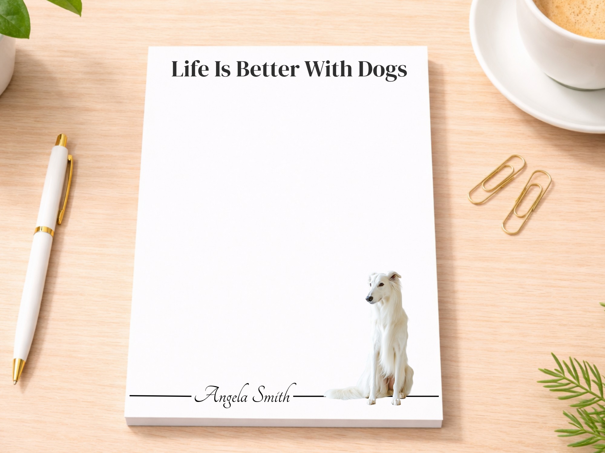 Personalized Borzoi Notepad - White | Lined or Unlined