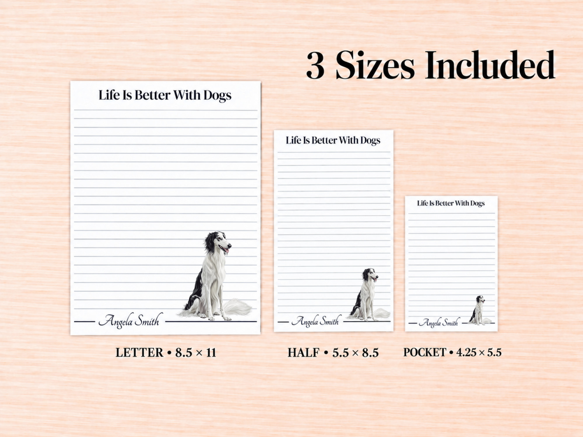 Borzoi White Black Stationery Gift Box | Personalized Notepads and Vinyl Dog Stickers