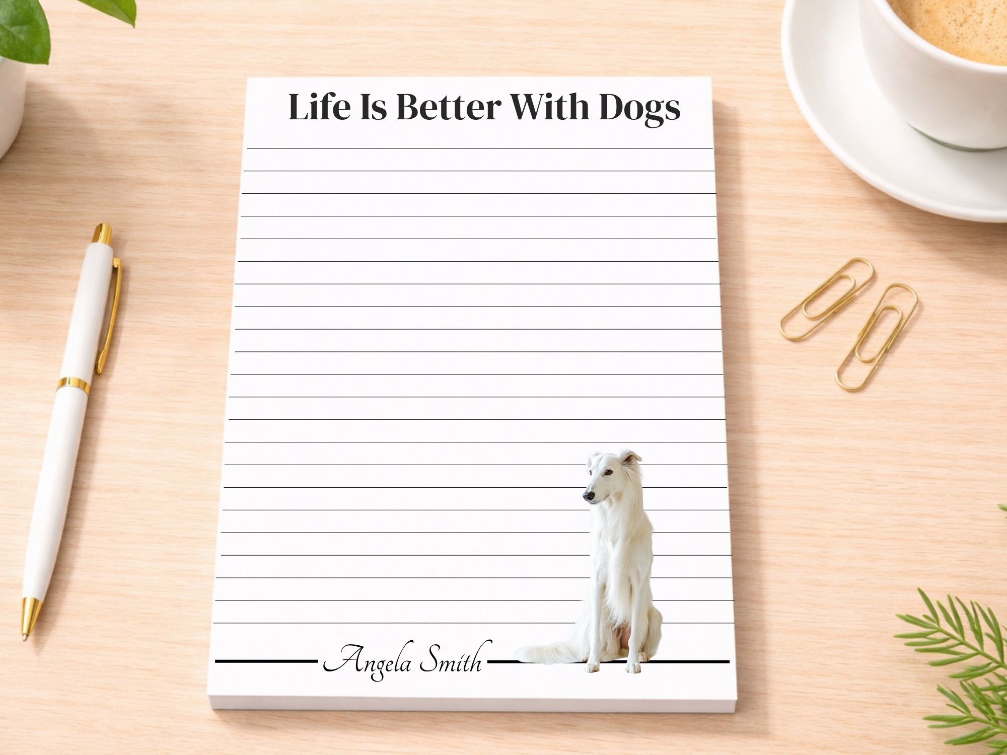Personalized Borzoi Notepad - White | Lined or Unlined
