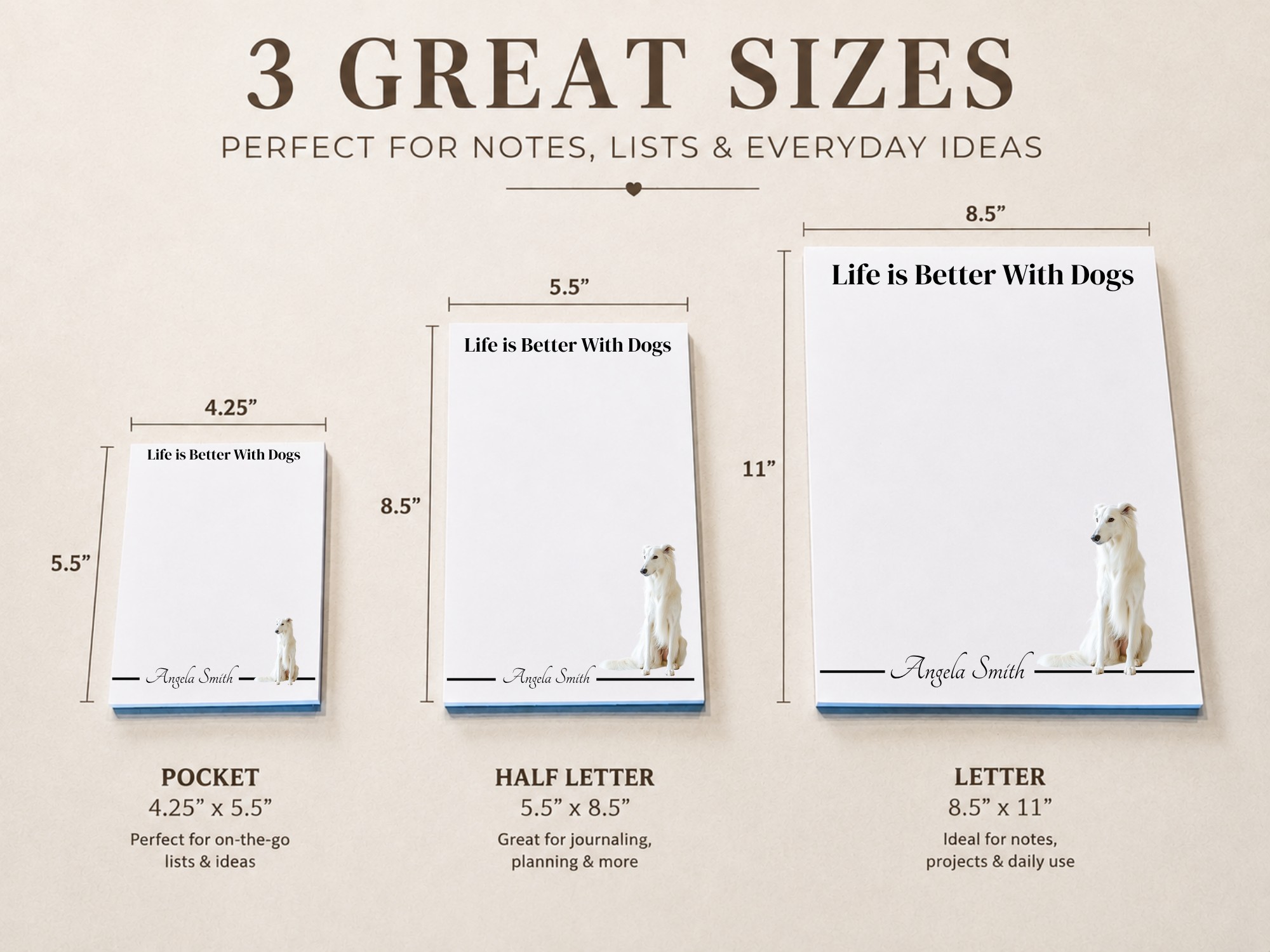 Personalized Borzoi Notepad - White | Lined or Unlined