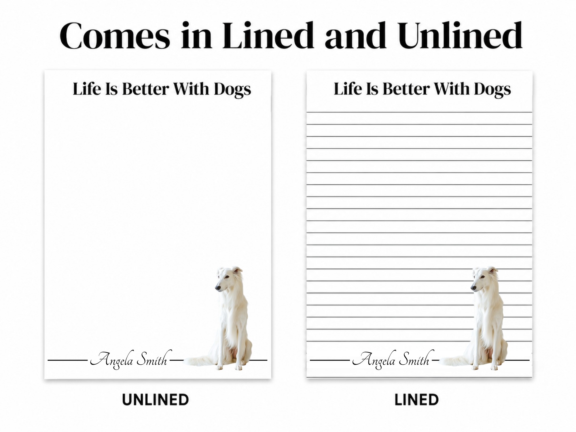 Personalized Borzoi Notepad - White | Lined or Unlined