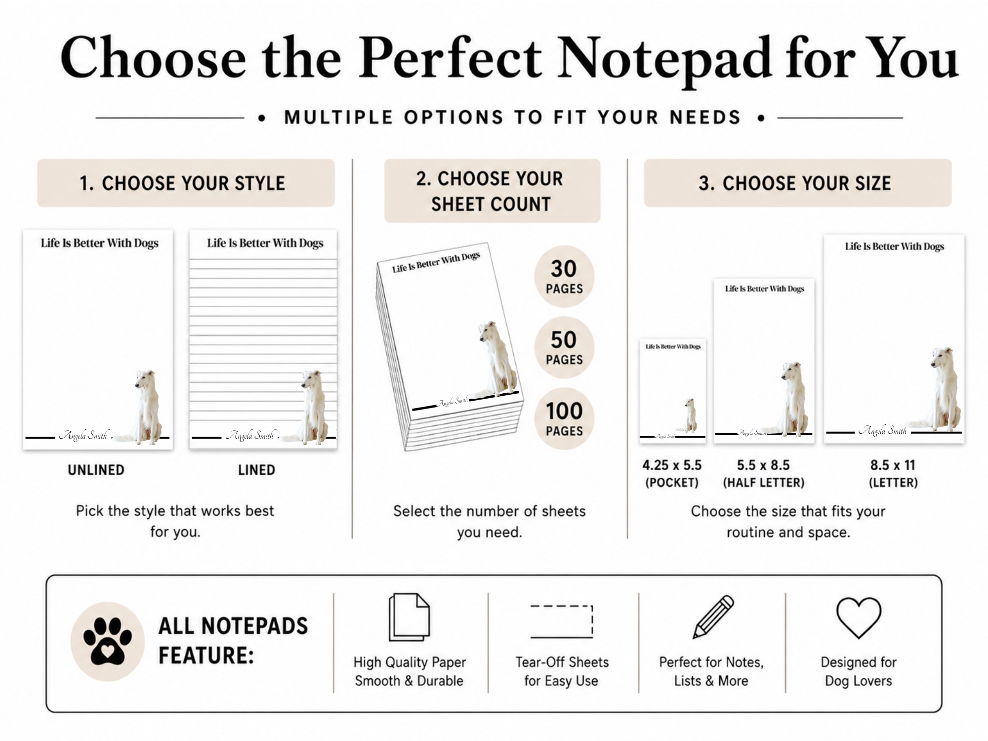 Personalized Borzoi Notepad - White | Lined or Unlined