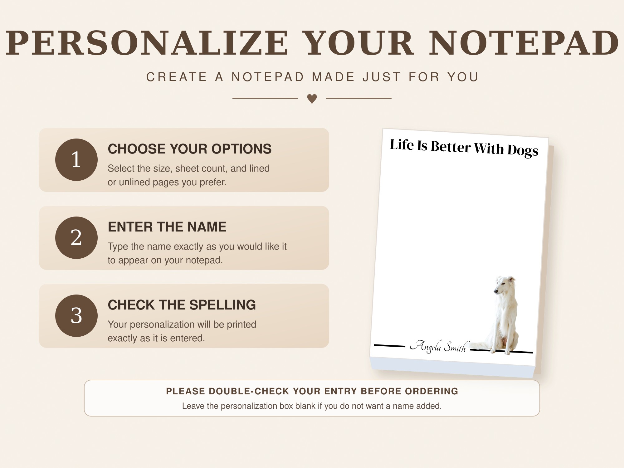 Personalized Borzoi Notepad - White | Lined or Unlined