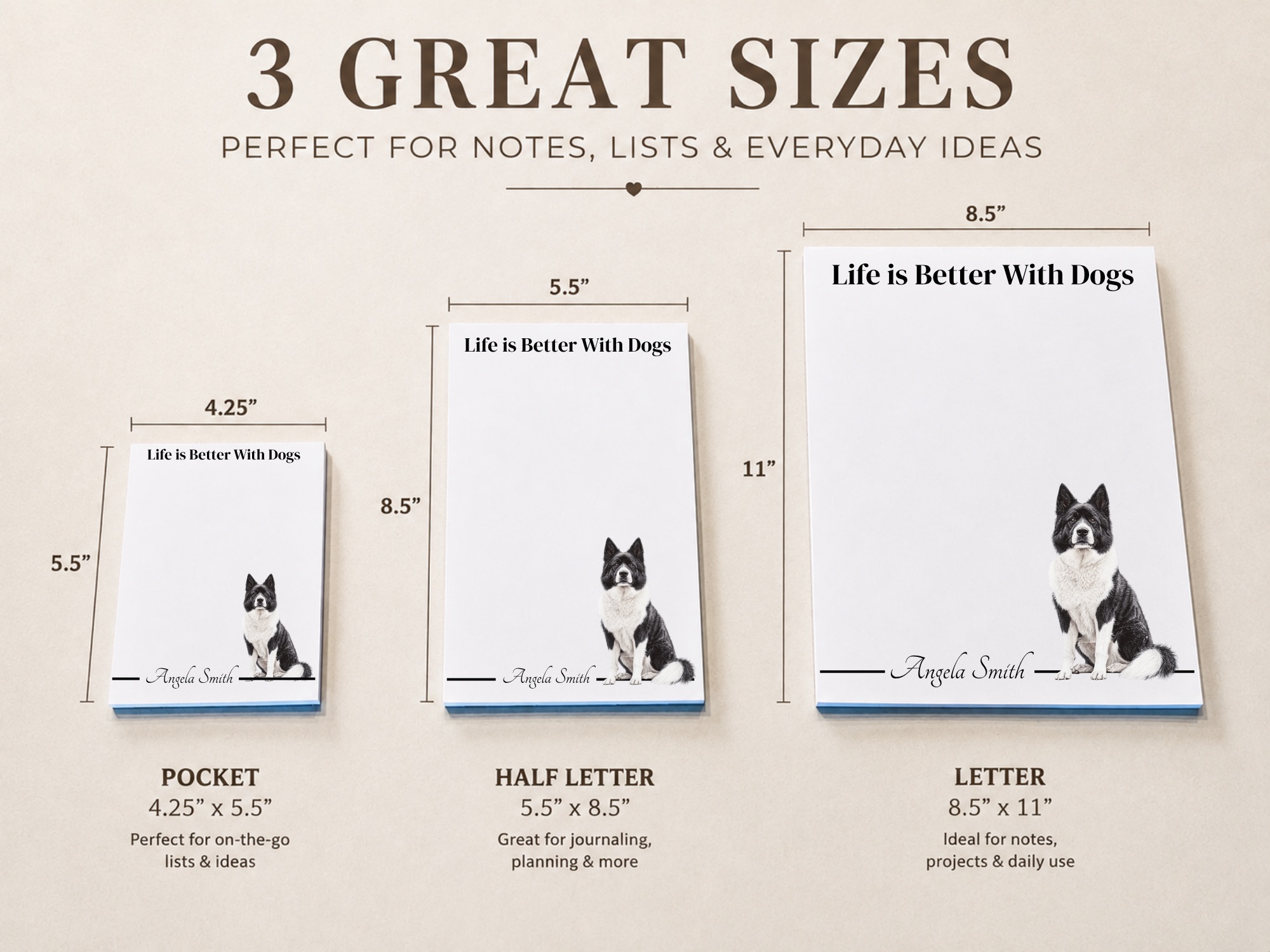 Personalized Akita Notepad - Gray | Lined or Unlined