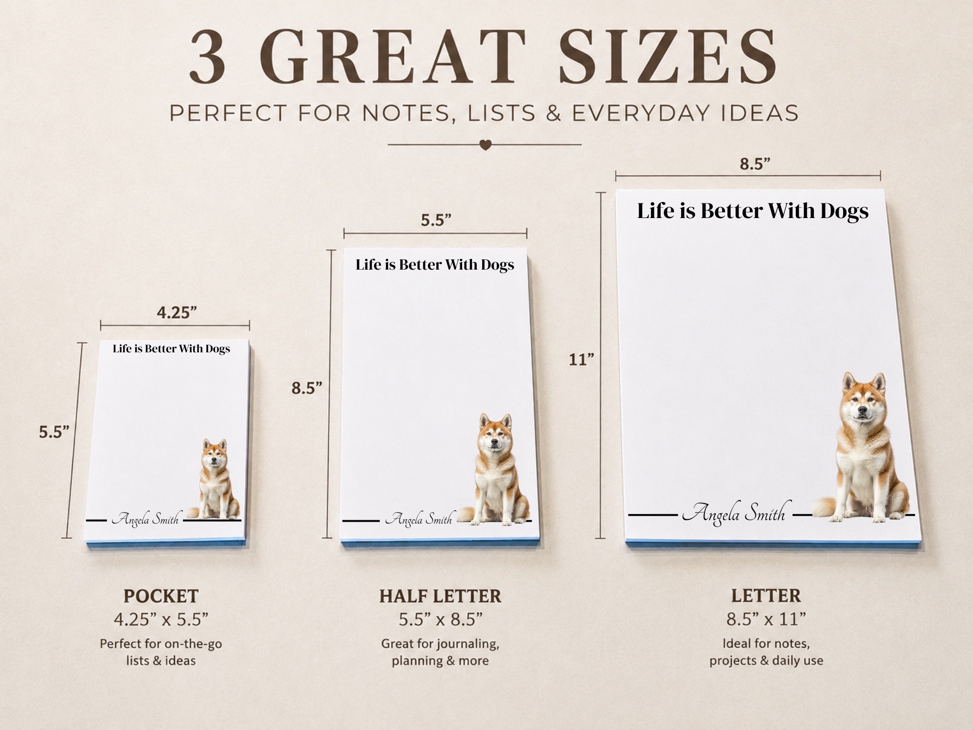 Personalized Akita Notepad - Tan | Lined or Unlined