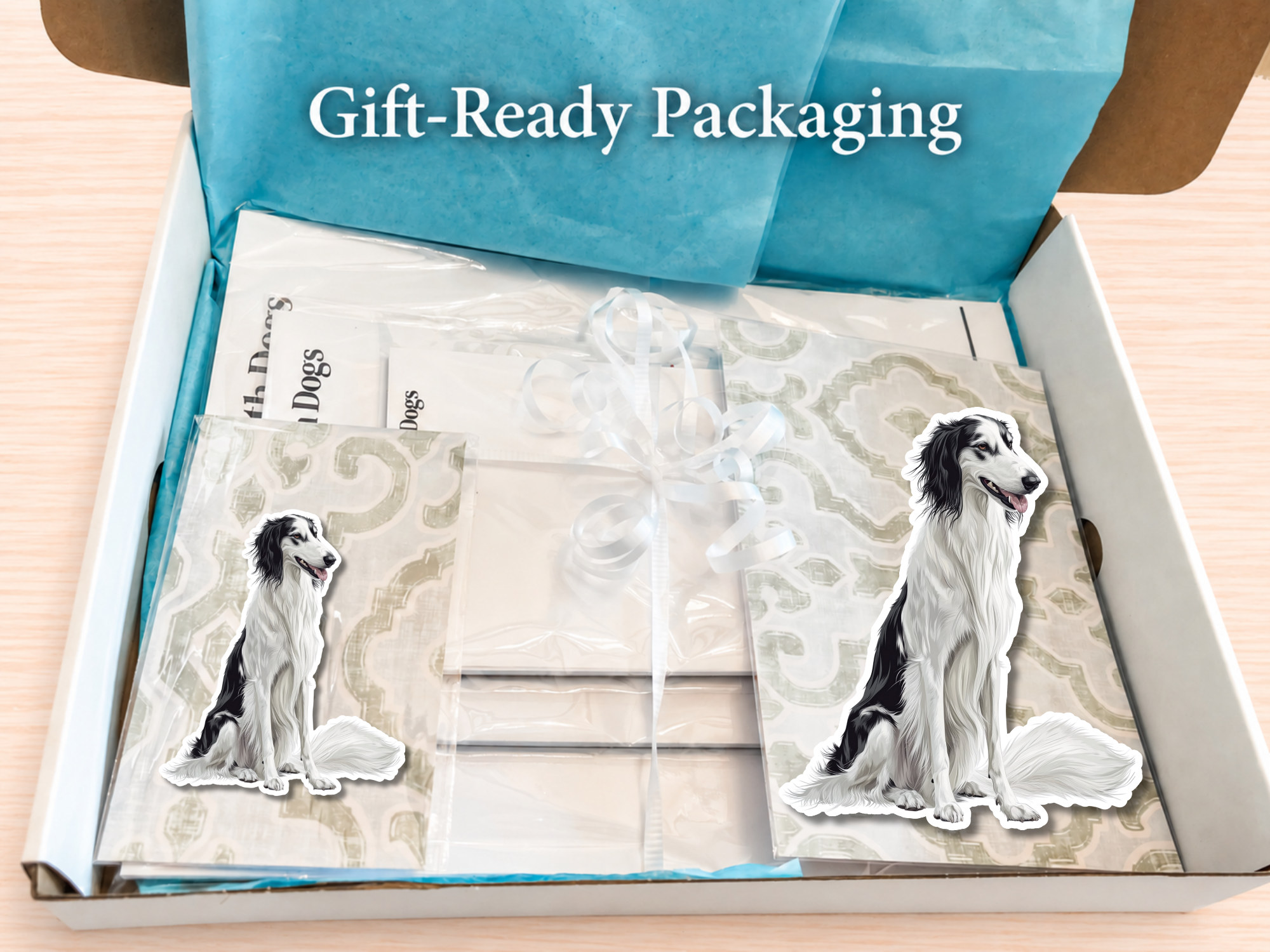 Borzoi White Black Stationery Gift Box | Personalized Notepads and Vinyl Dog Stickers