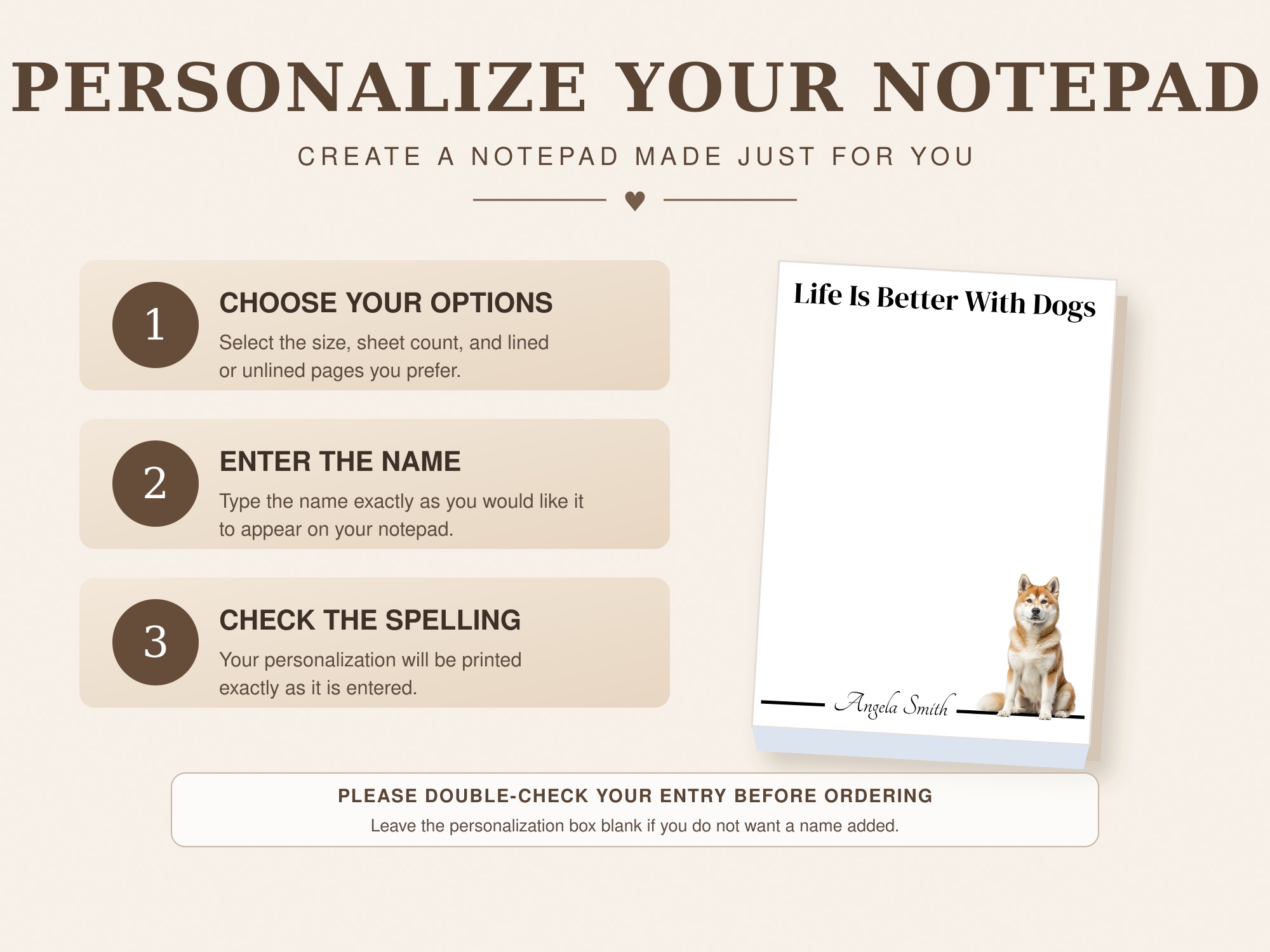 Personalized Akita Notepad - Tan | Lined or Unlined
