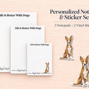 Basenji Stationery Gift Box - Red | Personalized Notepads and Vinyl Dog Stickers