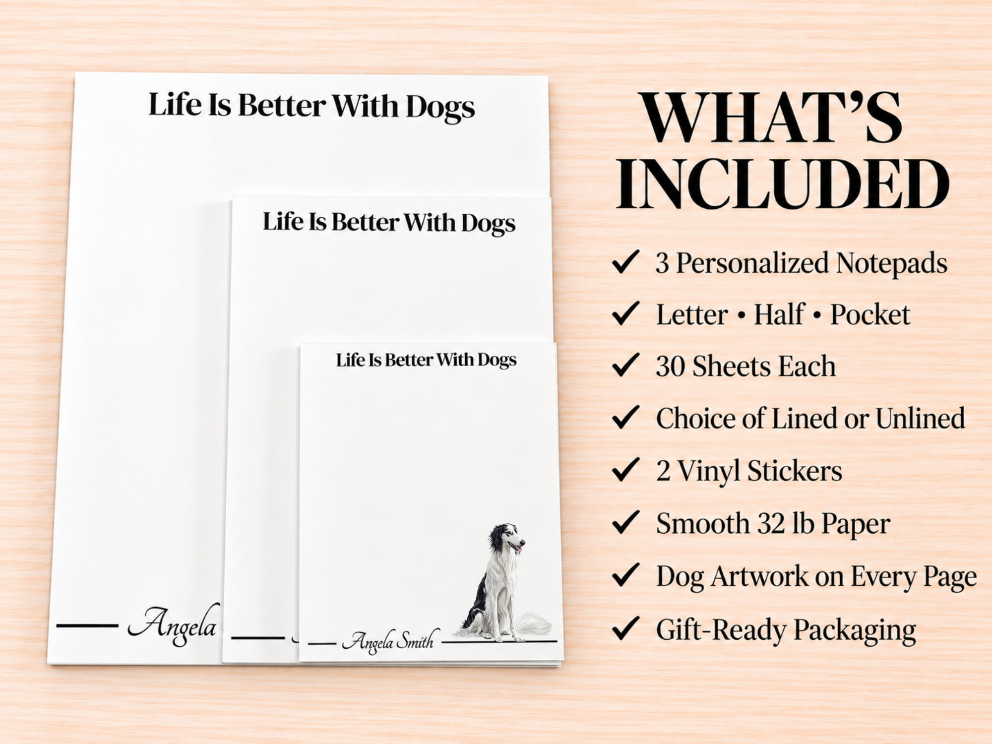 Borzoi White Black Stationery Gift Box | Personalized Notepads and Vinyl Dog Stickers