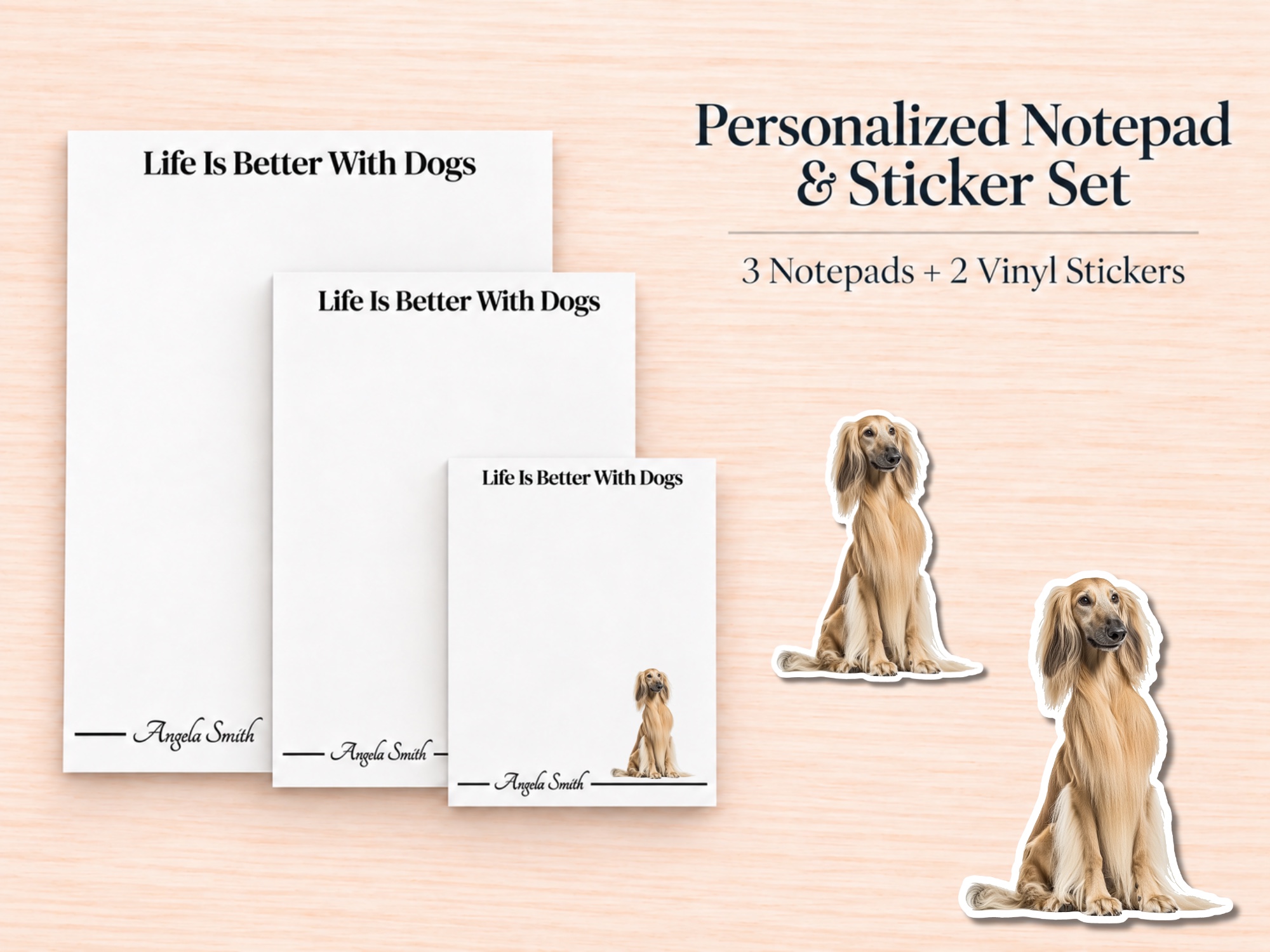 Afghan Hound - Cream Stationery Gift Box | Personalized Notepads and Vinyl Dog Stickers