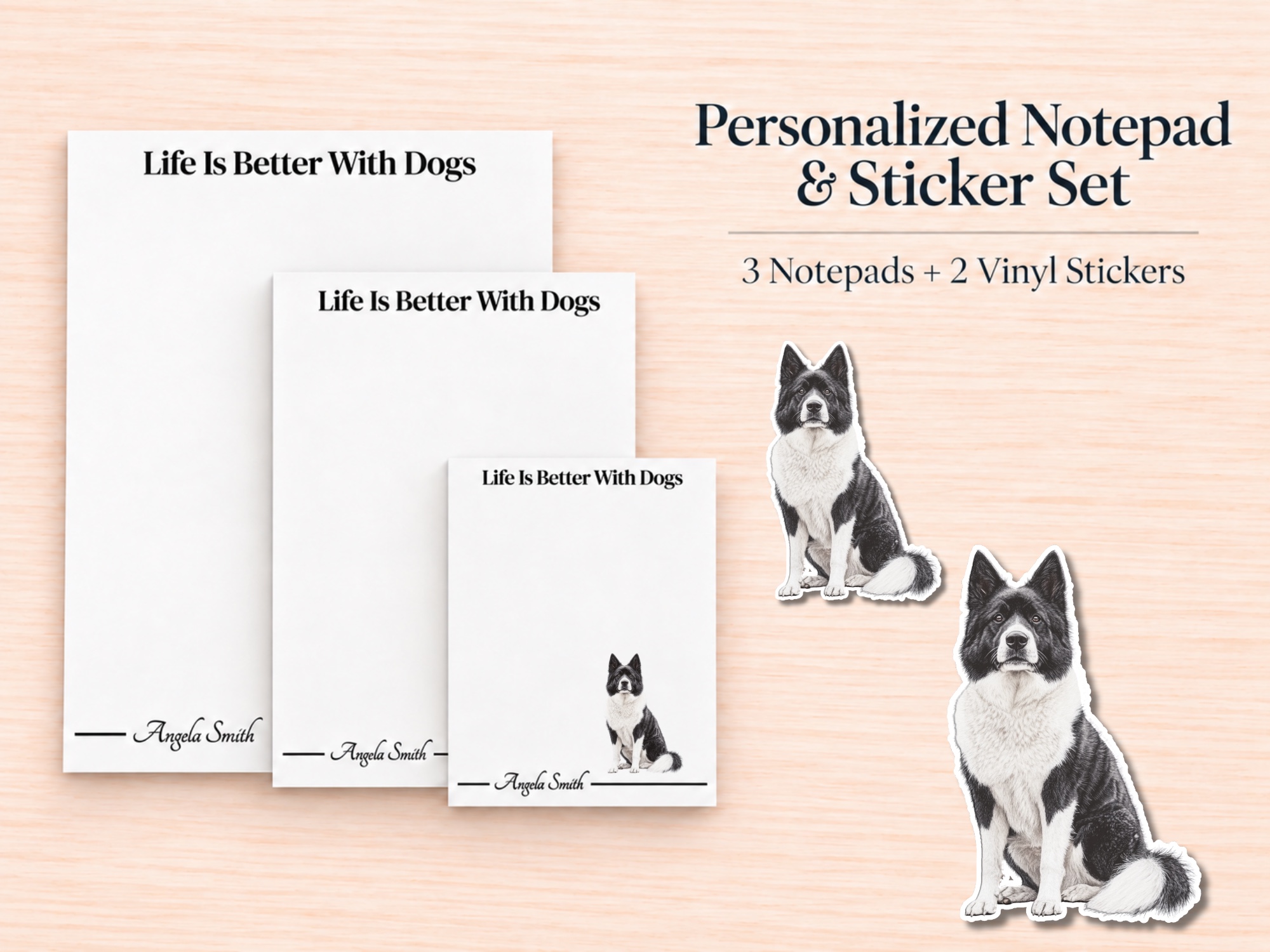 Akita - Gray Stationery Gift Box | Personalized Notepads and Vinyl Dog Stickers