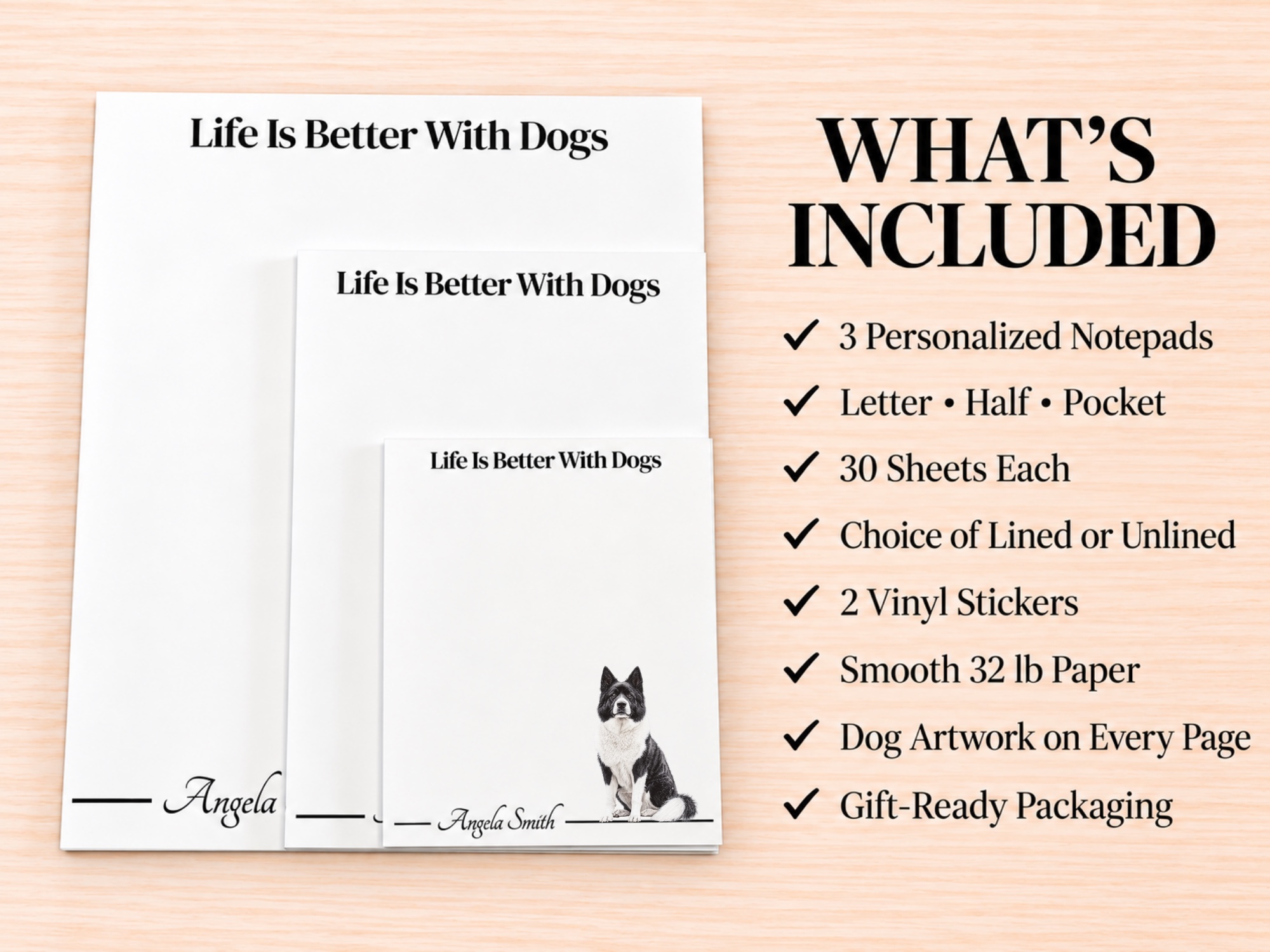 Akita - Gray Stationery Gift Box | Personalized Notepads and Vinyl Dog Stickers