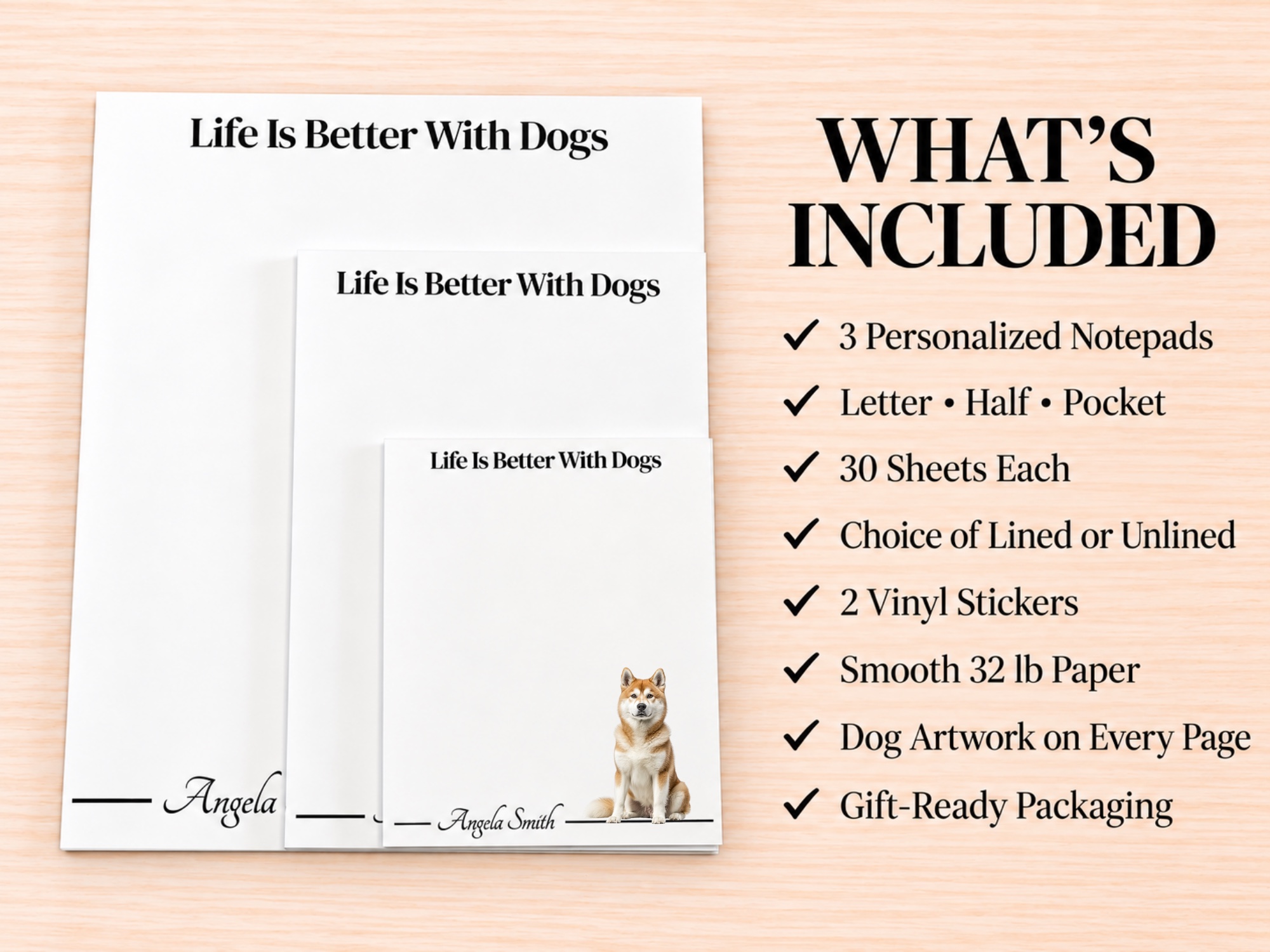 Akita - Tan Stationery Gift Box | Personalized Notepads and Vinyl Dog Stickers