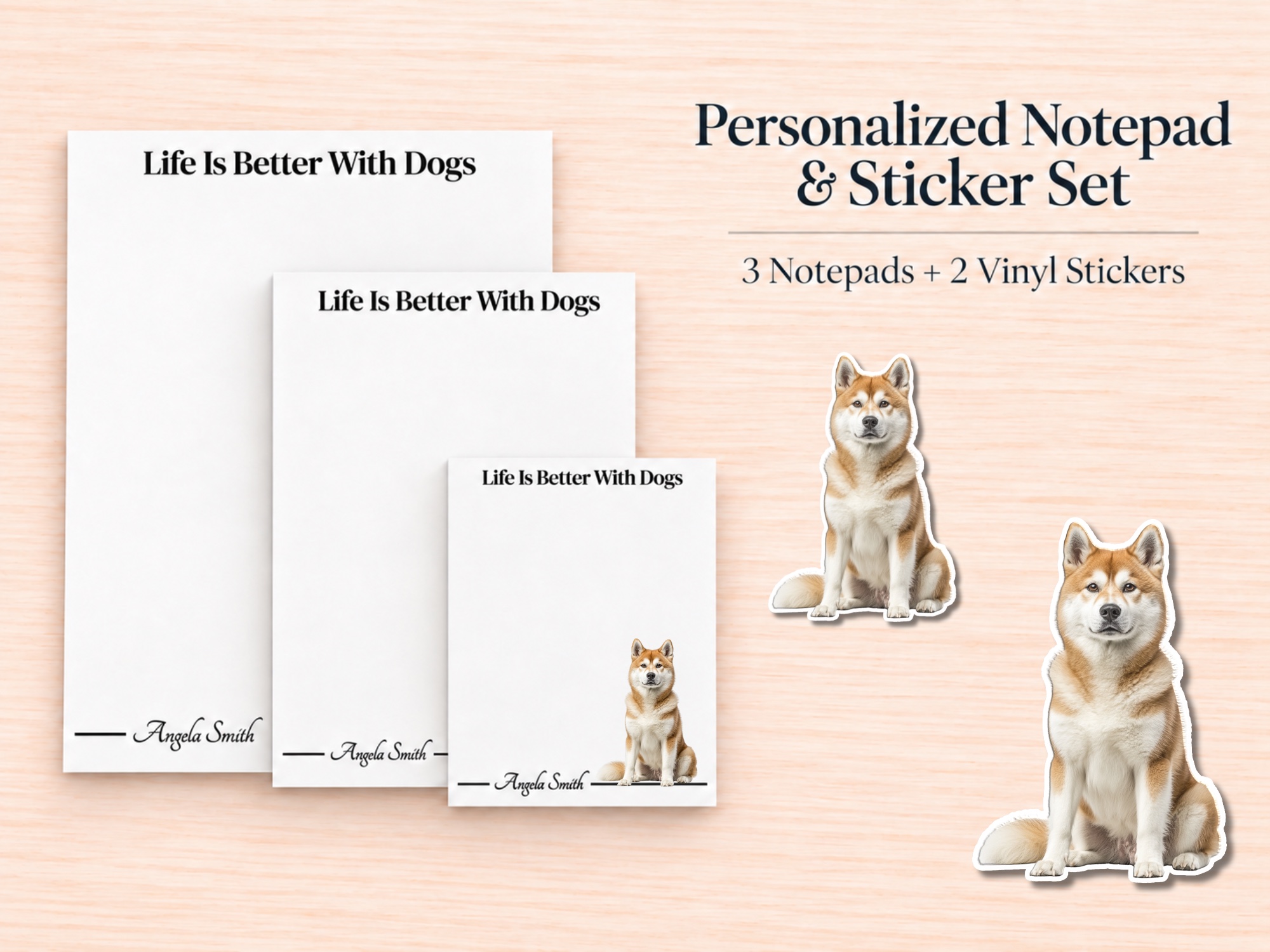 Akita - Tan Stationery Gift Box | Personalized Notepads and Vinyl Dog Stickers