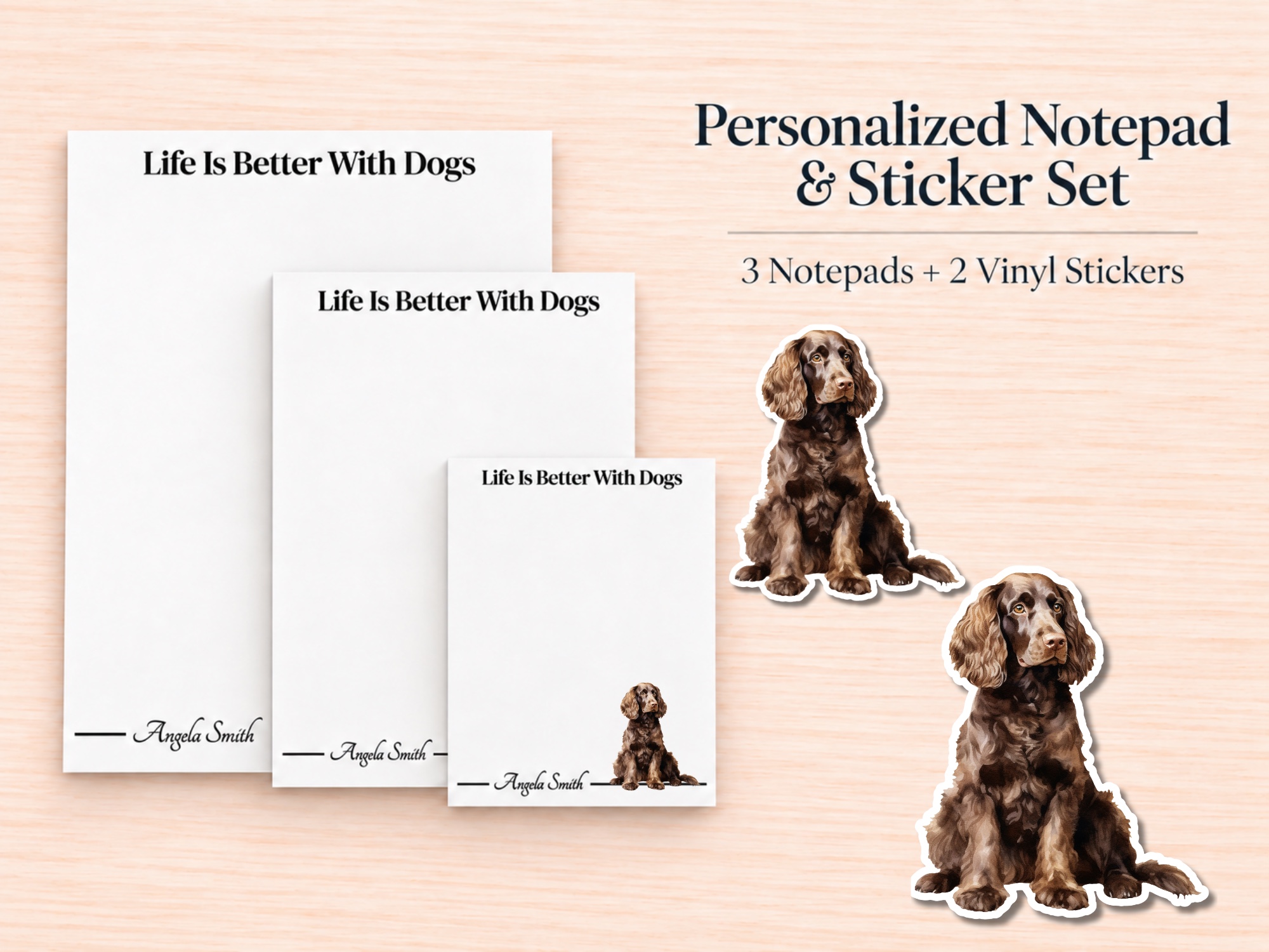 American Water Spaniel Stationery Gift Box | Personalized Notepads and Vinyl Dog Stickers