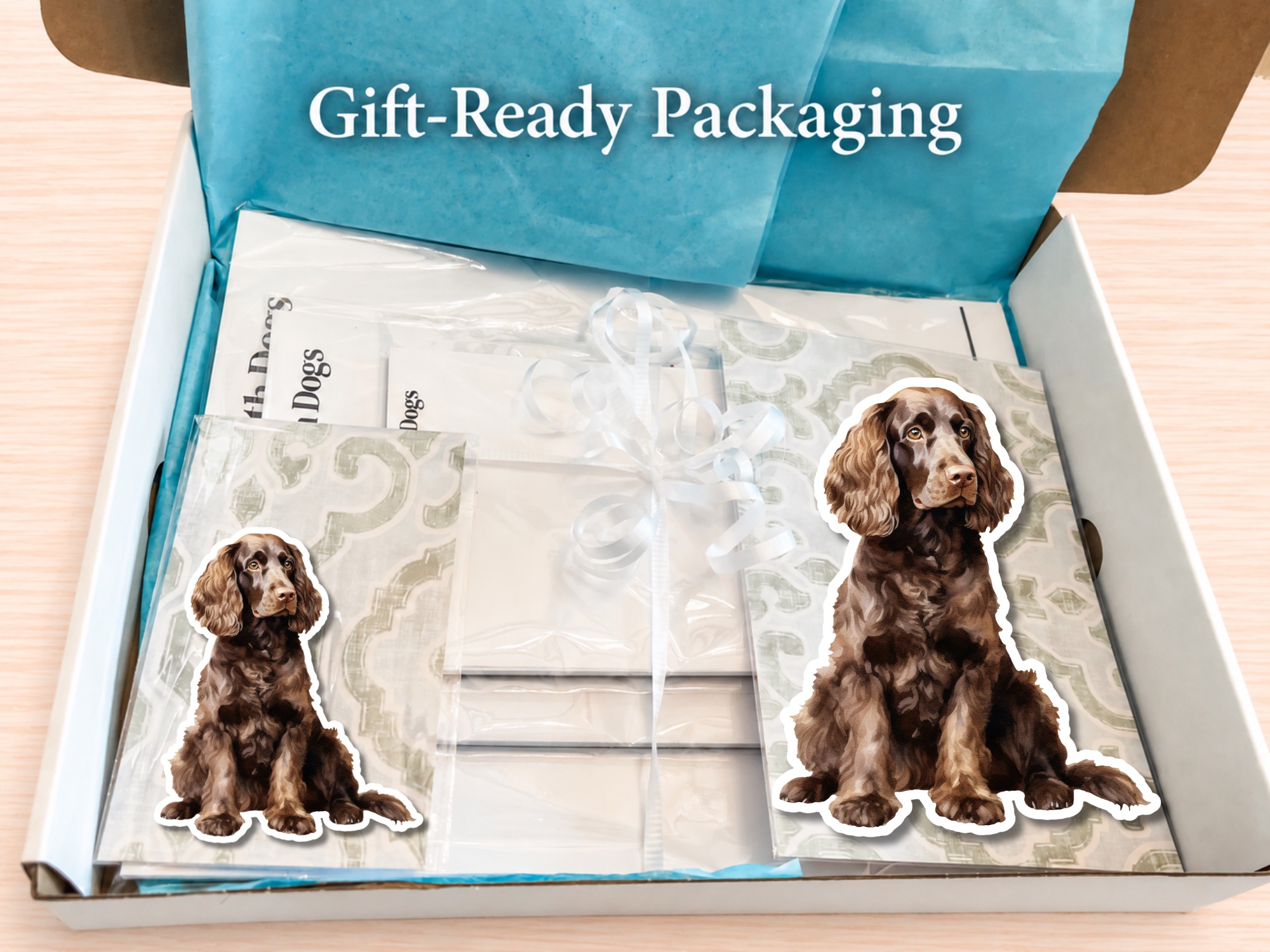 American Water Spaniel Stationery Gift Box | Personalized Notepads and Vinyl Dog Stickers