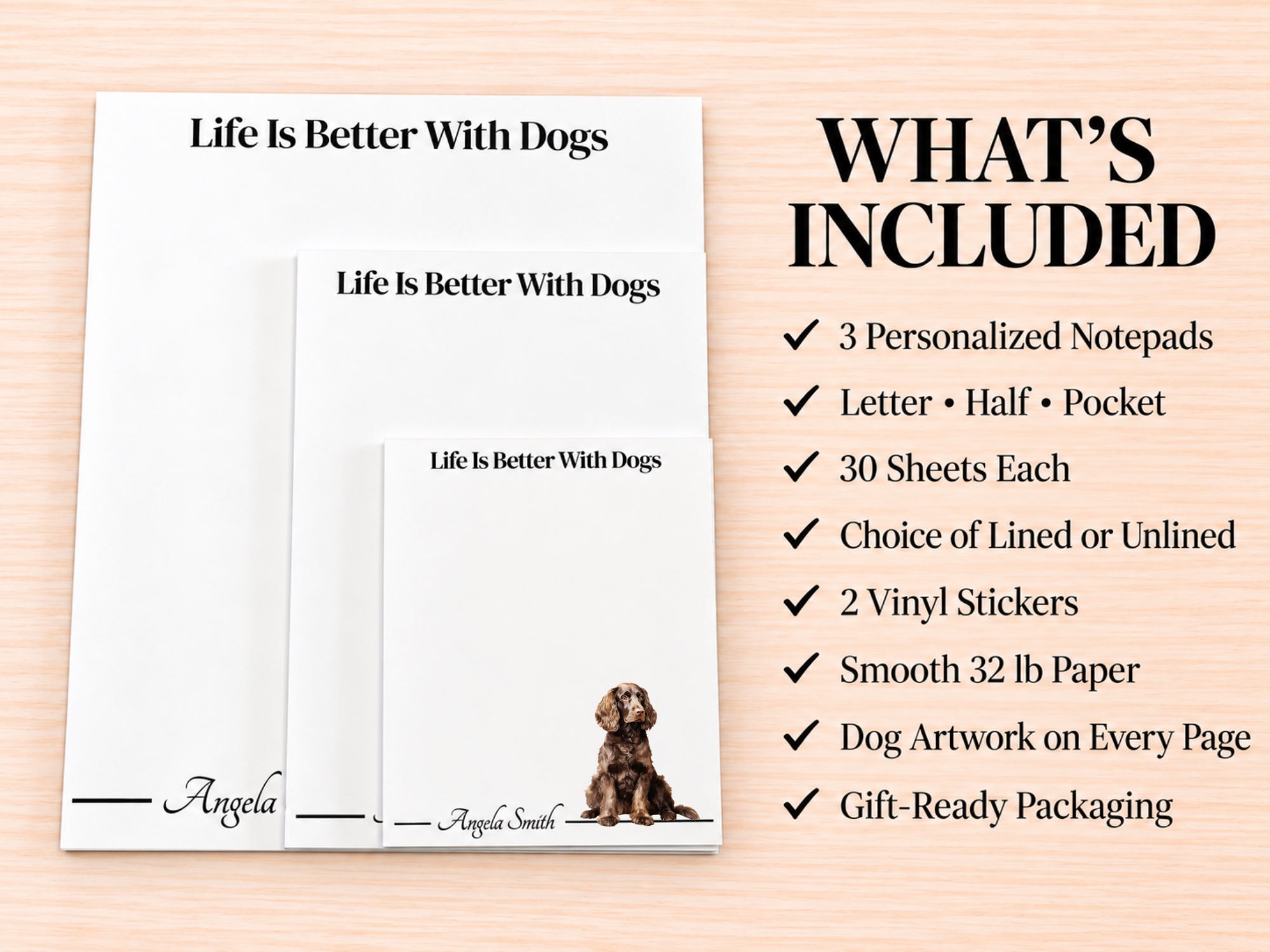 American Water Spaniel Stationery Gift Box | Personalized Notepads and Vinyl Dog Stickers