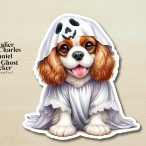 Cavalier King Charles Spaniel Ghost Puppy Sticker | Waterproof Vinyl Halloween Costume Dog Decal