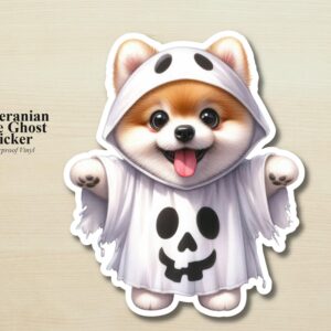 Pomeranian Ghost Puppy Sticker | Waterproof Vinyl Halloween Costume Dog Decal