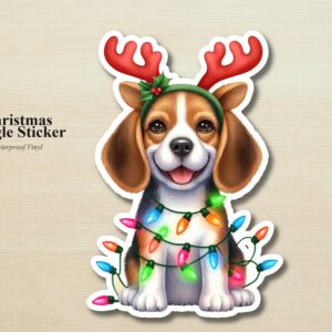 Beagle Holiday Puppy Sticker | Waterproof Vinyl Christmas Lights Dog Decal
