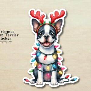 Boston Terrier Holiday Puppy Sticker | Waterproof Vinyl Christmas Lights Dog Decal