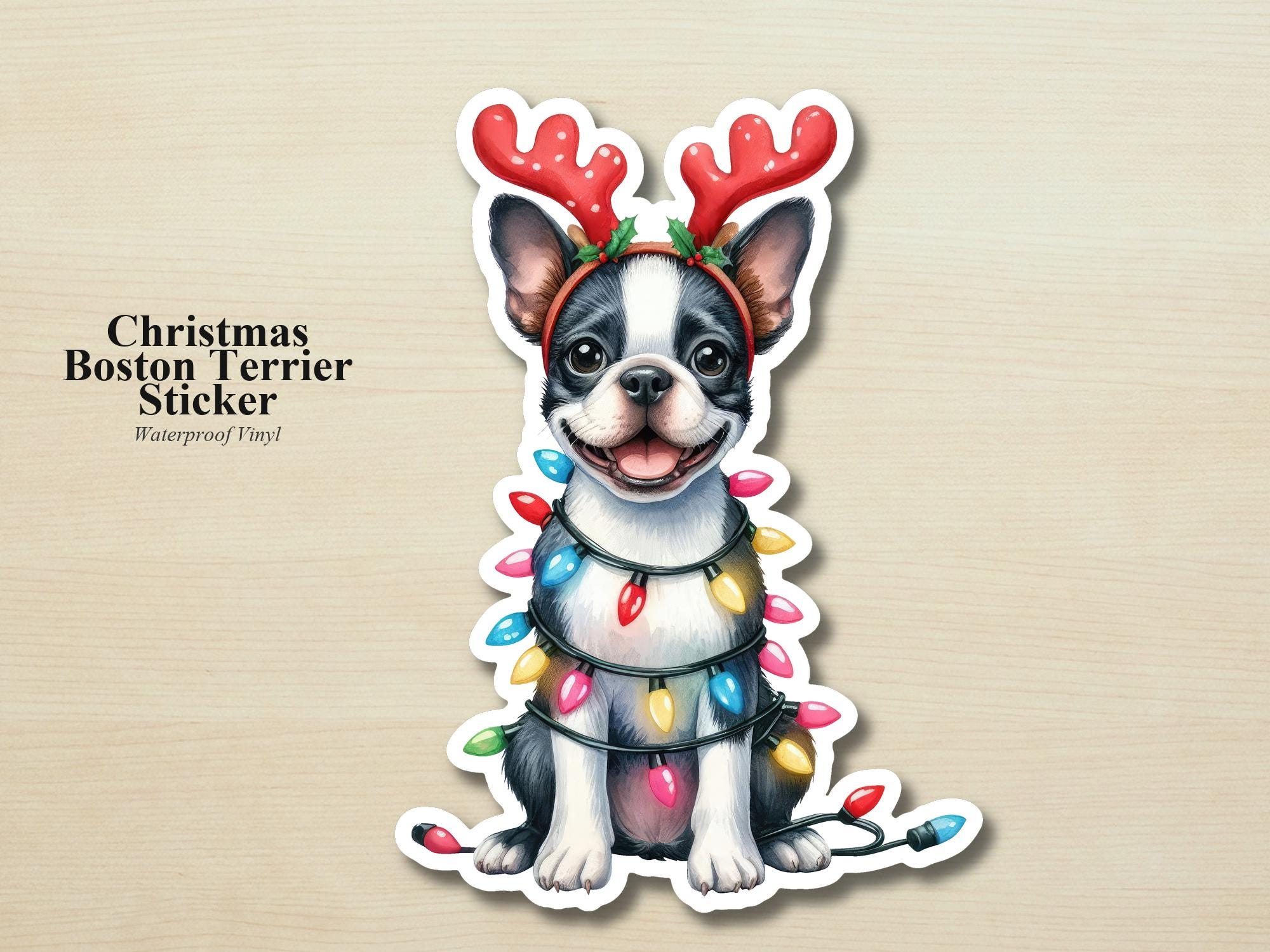 Boston Terrier Holiday Puppy Sticker | Waterproof Vinyl Christmas Lights Dog Decal