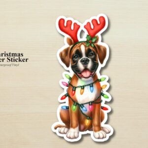 Boxer Holiday Puppy Sticker | Waterproof Vinyl Christmas Lights Dog Decal