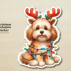 Cockapoo Holiday Puppy Sticker | Waterproof Vinyl Christmas Lights Dog Decal