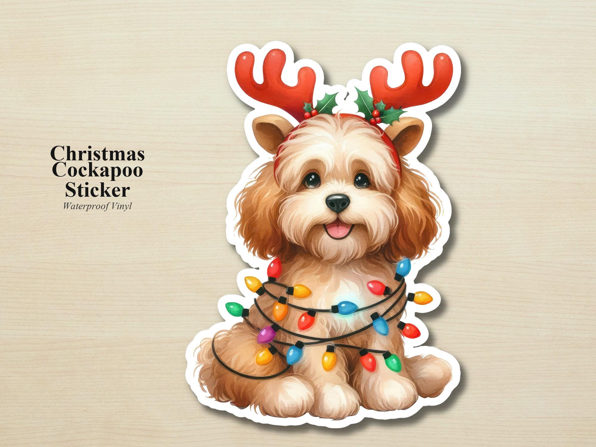 Cockapoo Holiday Puppy Sticker | Waterproof Vinyl Christmas Lights Dog Decal