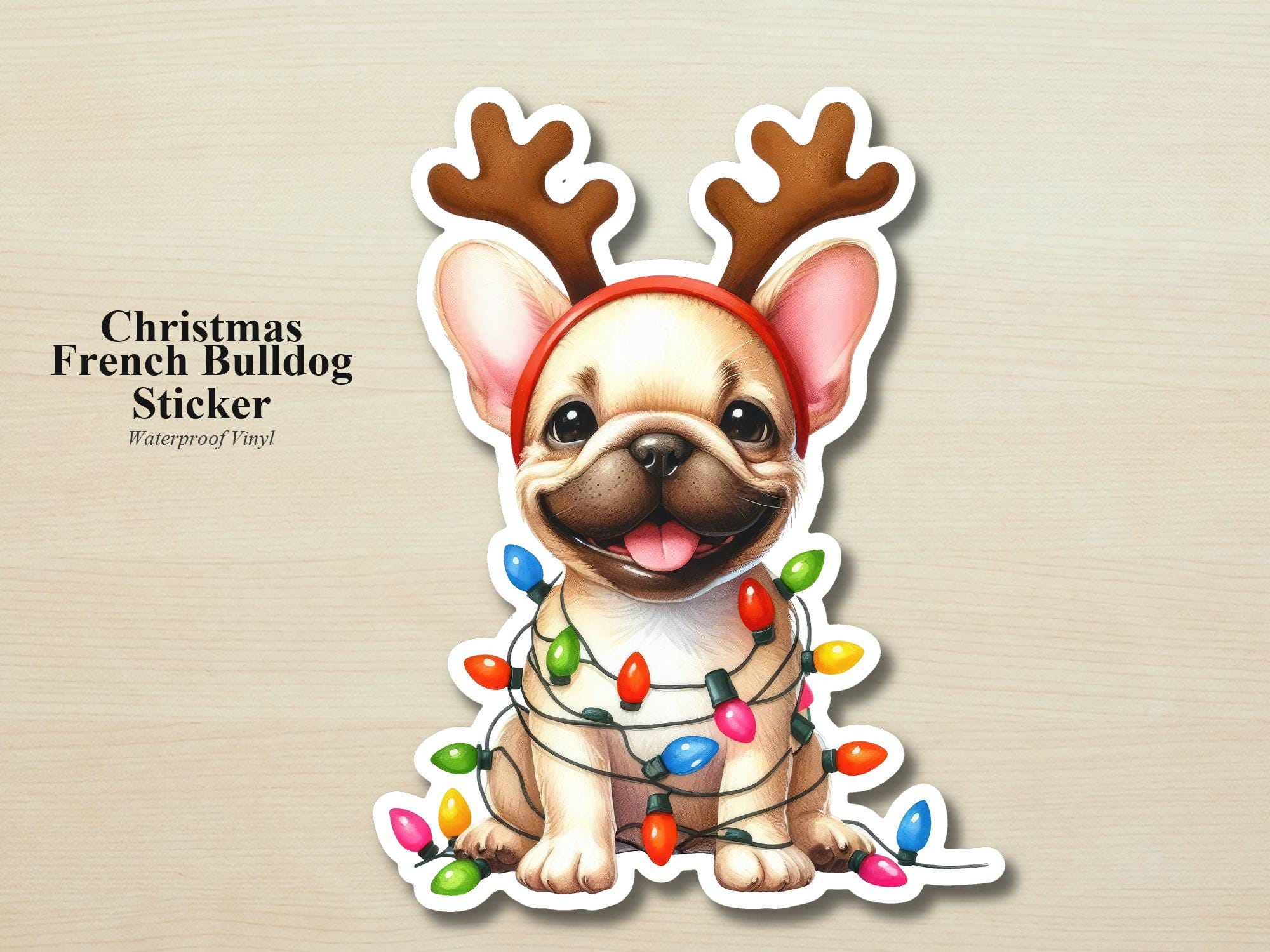 French Bulldog Holiday Puppy Sticker | Waterproof Vinyl Christmas Lights Dog Decal