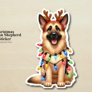German Shepherd Holiday Puppy Sticker | Waterproof Vinyl Christmas Lights Dog Decal