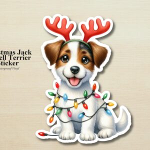 Jack Russell Terrier Holiday Puppy Sticker | Waterproof Vinyl Christmas Lights Dog Decal