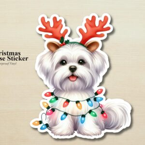 Maltese Holiday Puppy Sticker | Waterproof Vinyl Christmas Lights Dog Decal