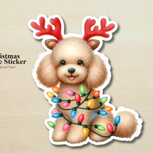 Poodle Holiday Puppy Sticker | Waterproof Vinyl Christmas Lights Dog Decal