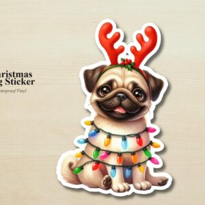 Pug Holiday Puppy Sticker | Waterproof Vinyl Christmas Lights Dog Decal