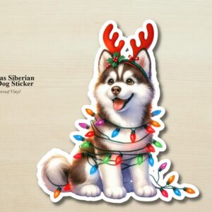 Siberian Husky Holiday Puppy Sticker | Waterproof Vinyl Christmas Lights Dog Decal