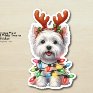 West Highland Terrier Holiday Puppy Sticker | Waterproof Vinyl Christmas Lights Dog Decal